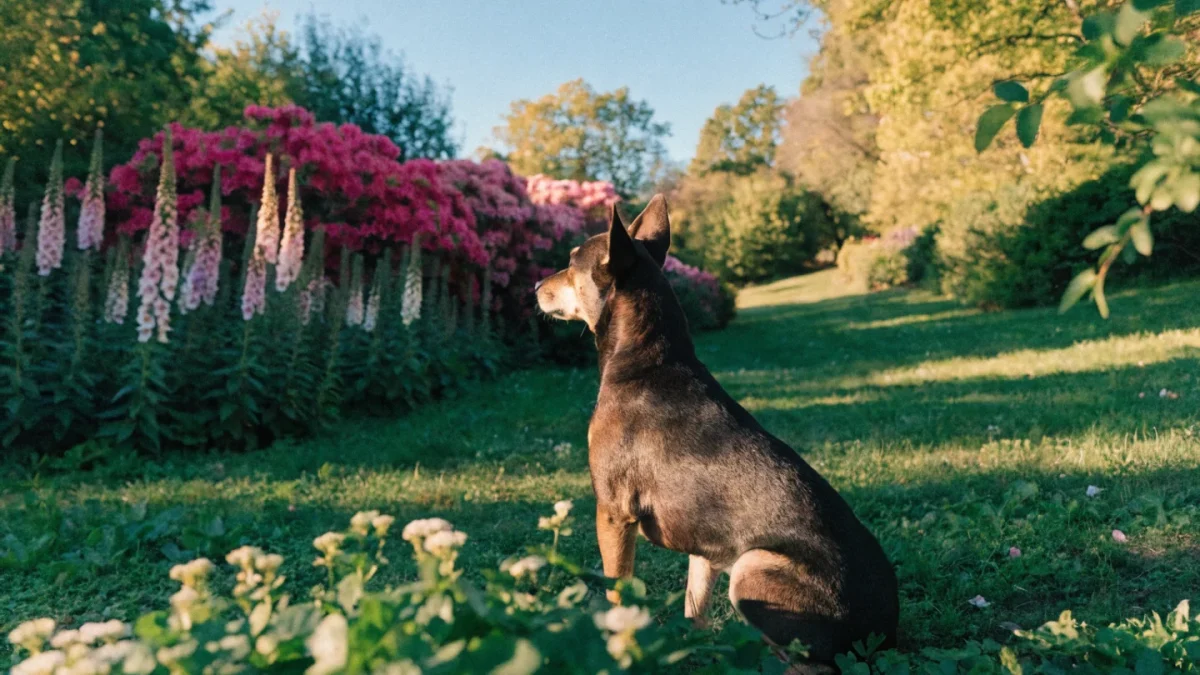 Garden with azalea bushes and foxglove flowers in afternoon light
