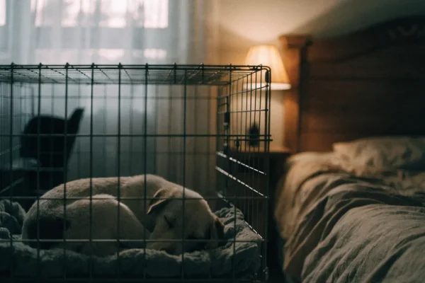 Puppy sleeping in crate placed next to owner's bed for overnight crate training