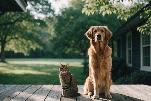 Healthy dog and cat together outdoors protected by parasite prevention