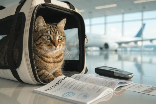 A tabby cat beside organized travel documents and a microchip scanner in an airport terminal, ready for international pet travel.