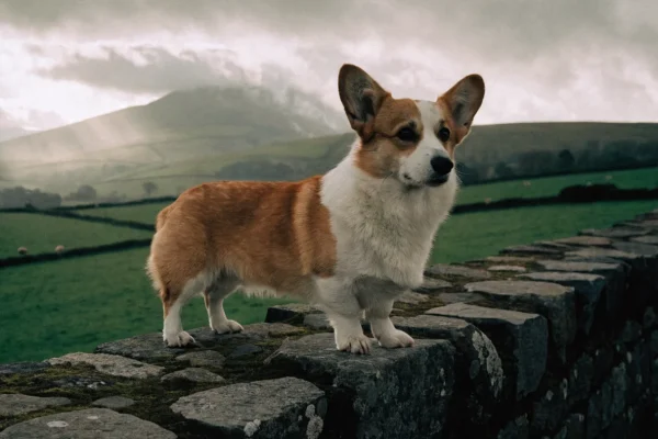 Pembroke Welsh Corgi standing on an old stone wall with misty Welsh hills and sheep pastures behind