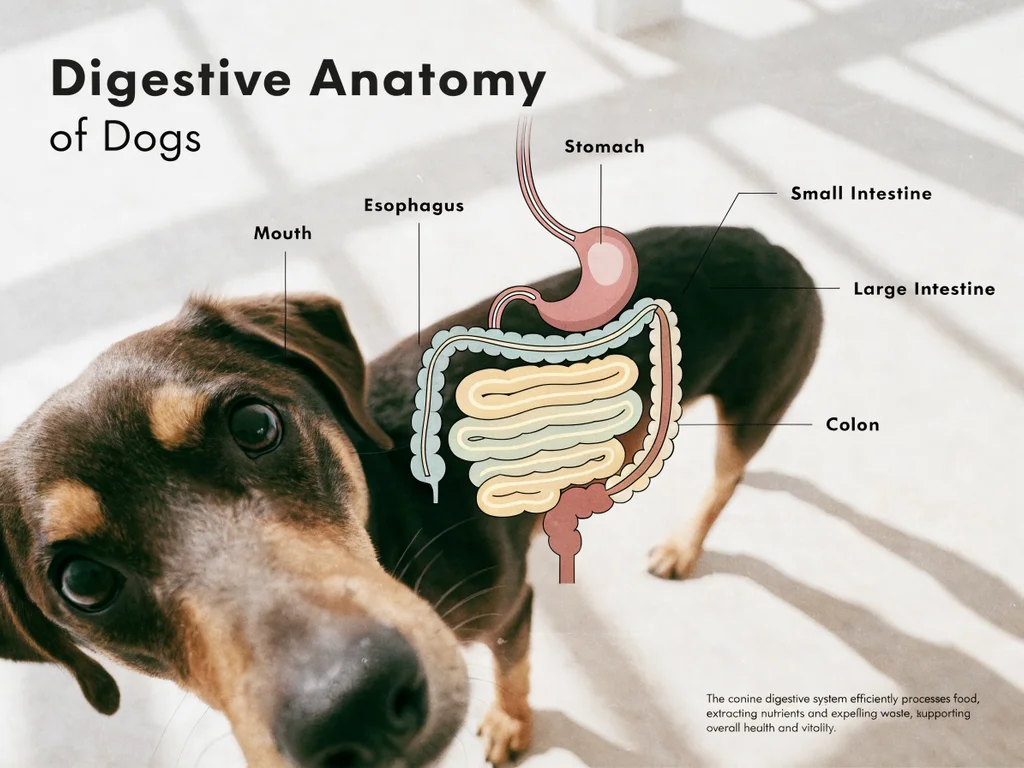Diagram of dog digestive system anatomy showing the key organs from mouth to colon
