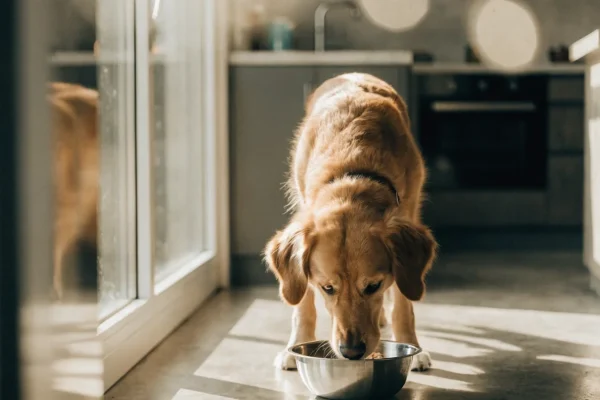 Golden retriever eating from a stainless steel food bowl in a well-lit kitchen, representing healthy pet nutrition and digestive wellness