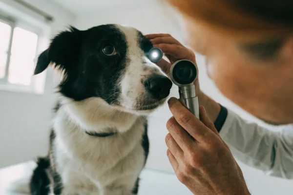 Veterinarian performing eye examination on a dog using an ophthalmoscope