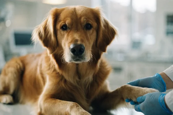 Veterinarian examining a golden retriever's paw during an emergency visit