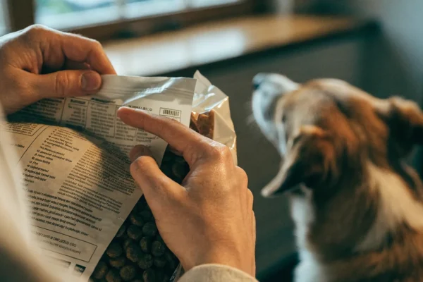 Person reading the ingredient list on the back of a dog food bag