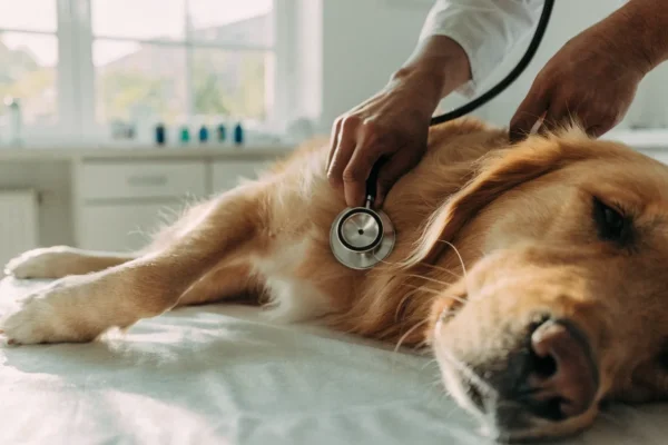Veterinarian listening to a golden retriever's heart with a stethoscope during a routine health examination