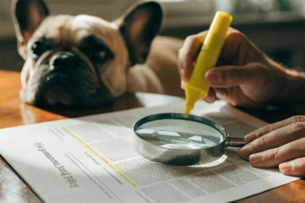 Hands highlighting the fine print on a pet insurance policy with a dog resting in the background.