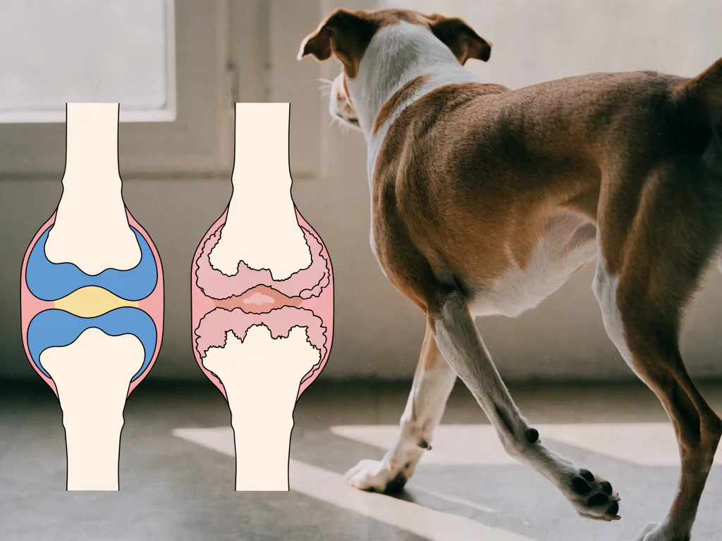 Illustration comparing healthy joint structure to arthritic joint changes in dogs