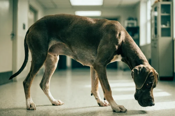 Great Dane dog with a visibly distended abdomen standing in a veterinary clinic, showing signs consistent with bloat or GDV