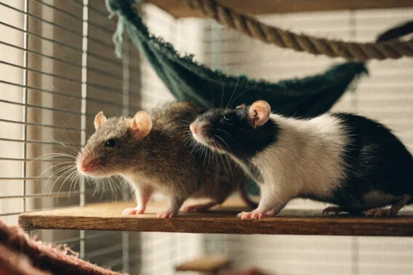 Two pet fancy rats exploring shelves and hammocks inside a spacious wire cage