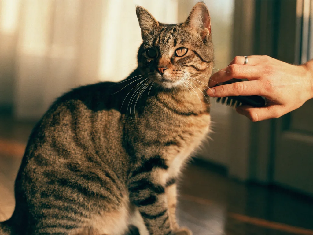 Tabby cat being brushed during routine grooming