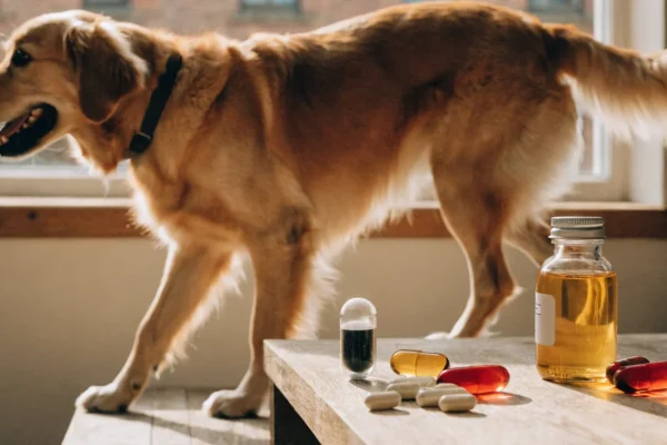 Pet supplements and fish oil capsules on a surface with a golden retriever in background
