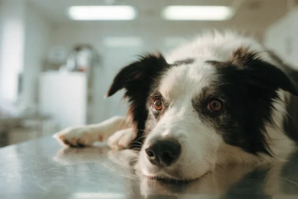 Border Collie resting on a stainless steel veterinary examination table during a trauma assessment