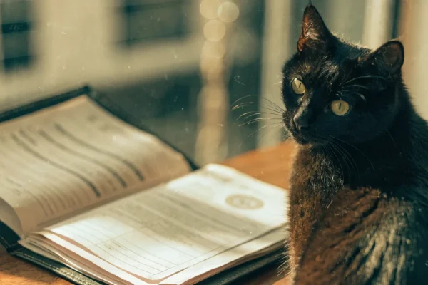 Veterinary health documents on a desk with a black cat sitting nearby