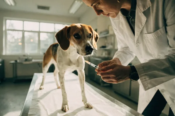 Veterinarian preparing to administer a vaccine to a dog during a routine wellness visit