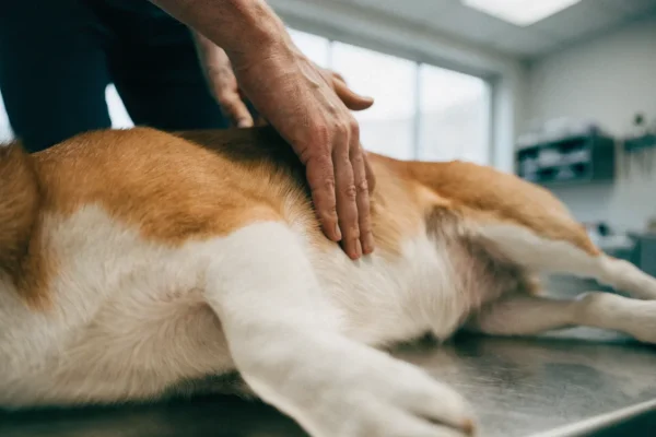 Veterinarian checking body condition of a corgi on an exam table