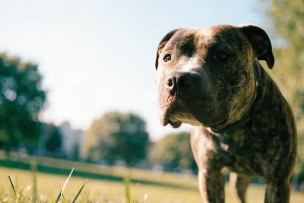 American Pit Bull Terrier standing outdoors, showing the breed's muscular build and broad head