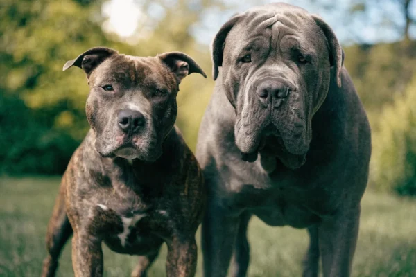 Pit Bull and Cane Corso standing side by side showing their size difference