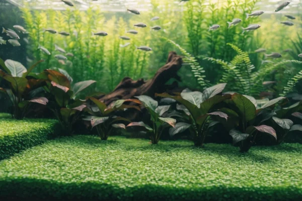 Lush planted aquarium with carpet plants, midground anubias, background stem plants, and schooling fish