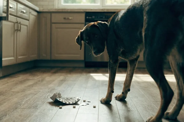 Labrador Retriever mix dog standing near chewed medication packaging on a kitchen floor, illustrating pet poisoning risk