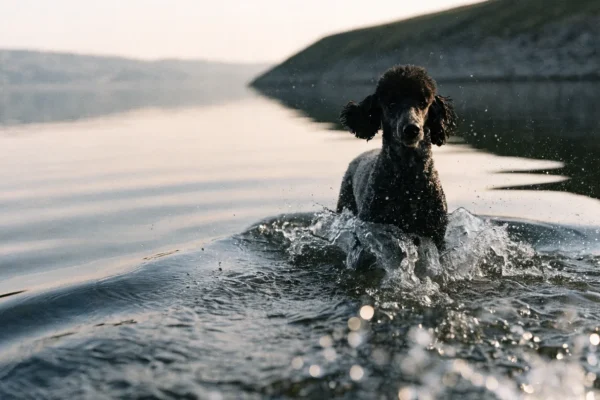 Athletic Standard Poodle swimming in a calm lake