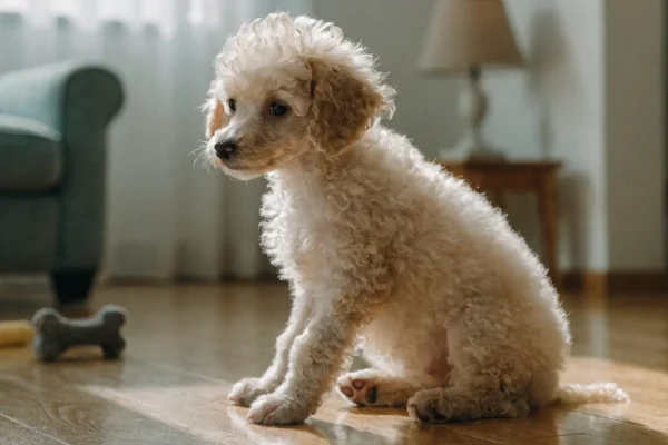 Cream Poodle puppy sitting attentively in a bright home living room