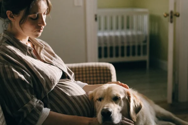 Pregnant woman sitting with a dog resting on her lap with a nursery visible in the background