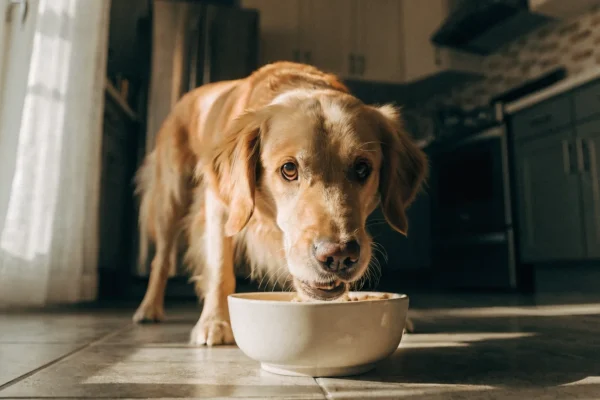 Golden retriever eating from a bowl, representing gut health and nutrition for dogs