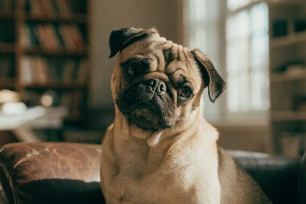 Fawn pug sitting on a leather armchair in a warmly lit living room looking directly at camera