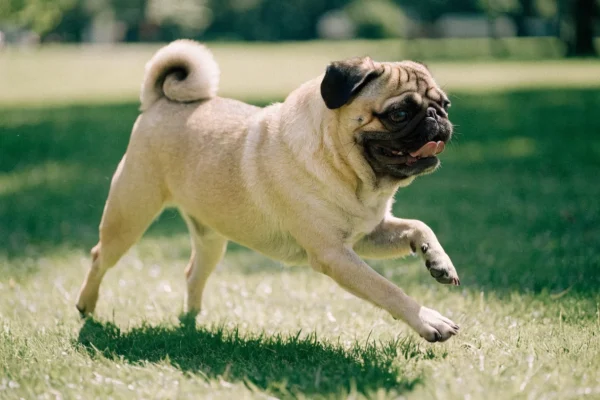 Fawn Pug with a curled tail trotting across a sunlit park lawn