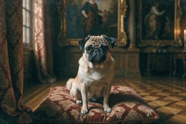 Pug sitting on a velvet cushion in an ornate European palace interior with baroque paintings and candlelight