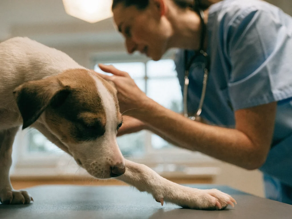 Veterinarian examining a young puppy during a wellness check