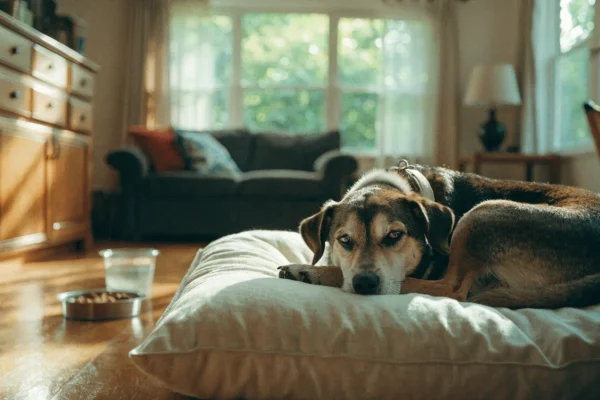 Senior dog resting comfortably at home during cancer care