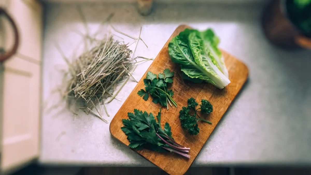 Fresh leafy greens and timothy hay arranged on a cutting board — staples of a healthy rabbit diet