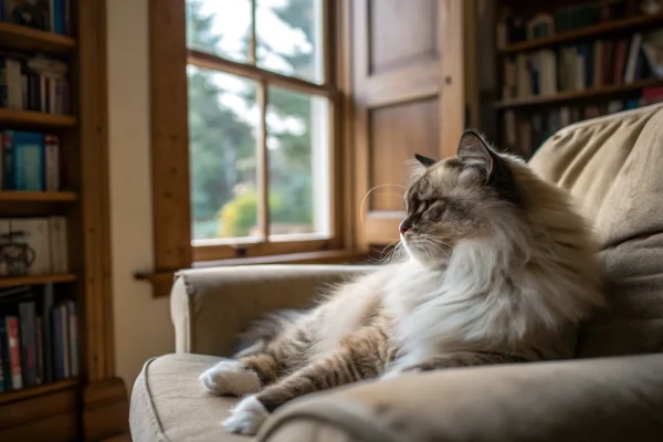 Ragamuffin cat with silky longhaired coat resting on an armchair in soft natural window light