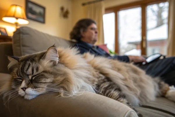 Ragamuffin cat with long silky coat resting contentedly across a lap in a cozy living room