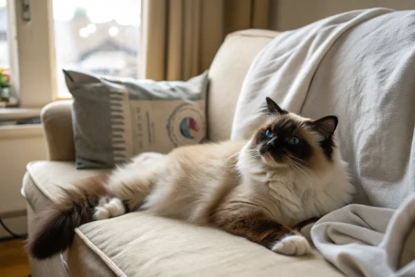Seal-point Ragdoll cat relaxing on a light linen sofa with striking blue eyes and colorpoint markings
