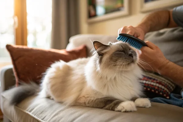 Blue-point Ragdoll cat being groomed on a couch, long silky coat and relaxed posture visible