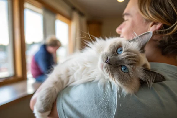 Blue-point Ragdoll cat relaxed and limp in someone's arms, displaying the breed's characteristic floppy behavior