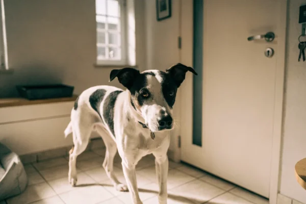 Pet-friendly apartment entryway with dog bed visible
