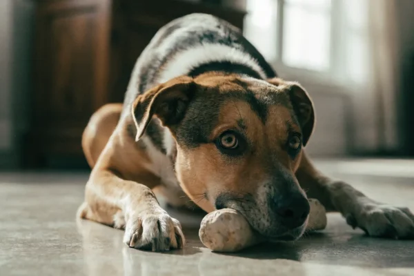 Dog showing resource guarding behavior over bone with stiff posture