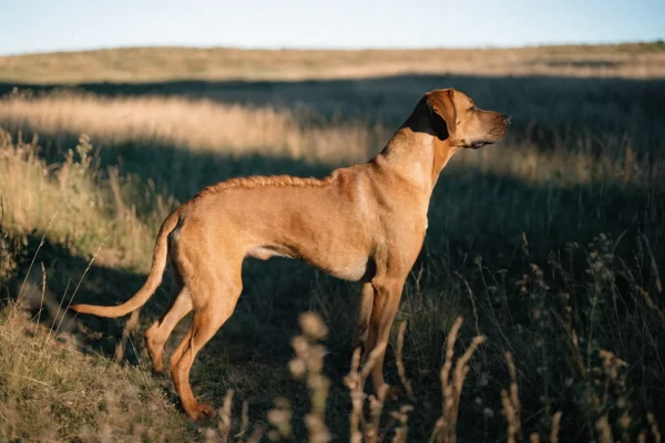 Wheaten Rhodesian Ridgeback standing alert in grassland, showing the breed's signature spine ridge
