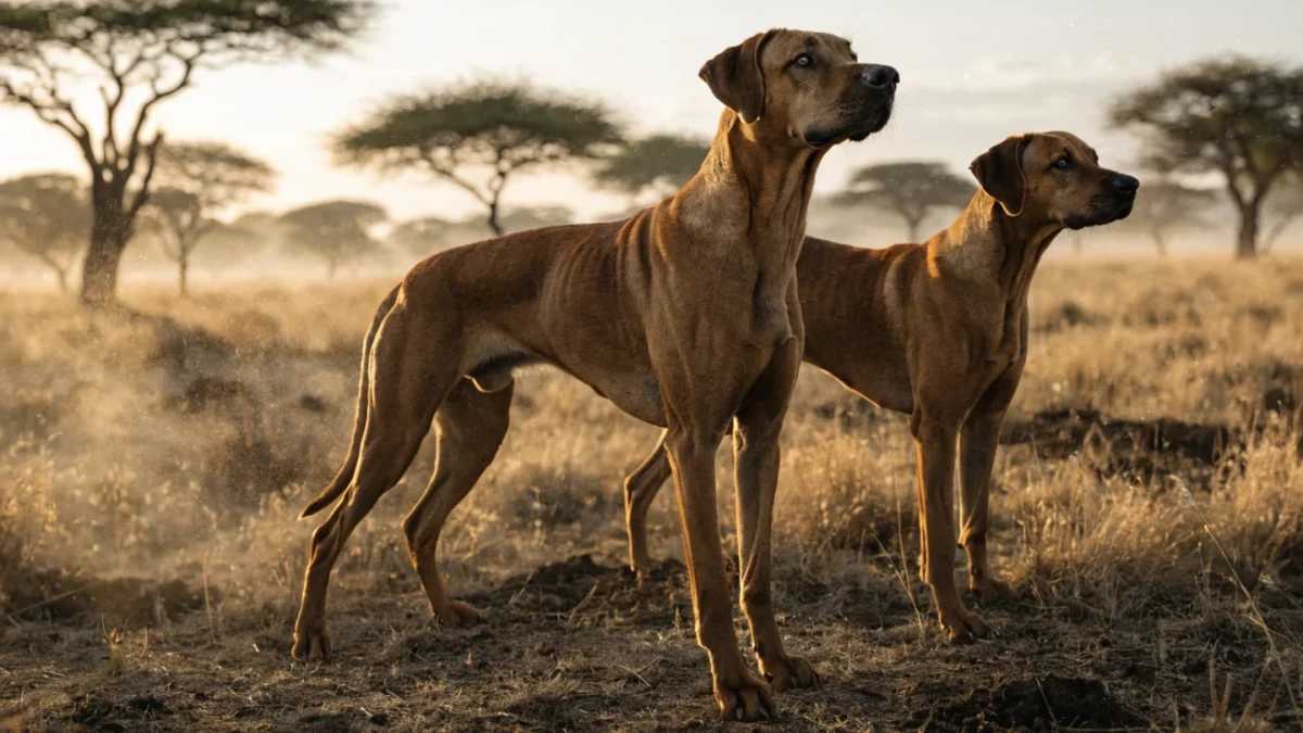 Two Rhodesian Ridgebacks standing alert in golden African savanna grassland at dawn with acacia trees in the background