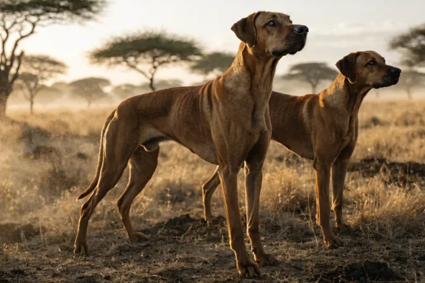 Two Rhodesian Ridgebacks standing alert in golden African savanna grassland at dawn with acacia trees in the background