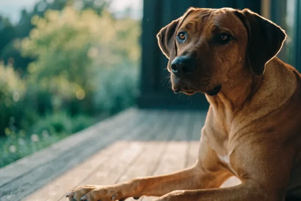Rhodesian Ridgeback lying on a wooden porch with an alert, calm expression in warm afternoon light