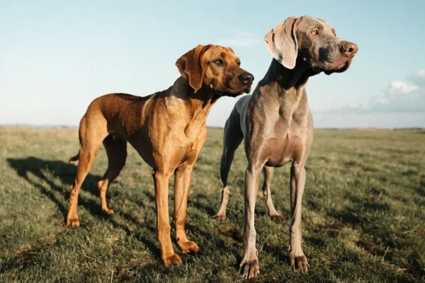 Rhodesian Ridgeback and Weimaraner standing together on an open grassy field