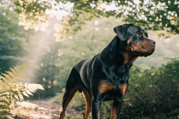 Rottweiler standing on a forest trail in dappled early morning sunlight showing its black and mahogany coat