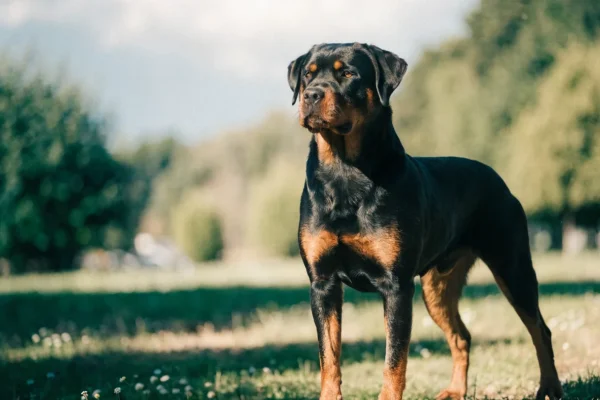 Rottweiler with black-and-mahogany markings standing outdoors, showing the breed's characteristic coat pattern