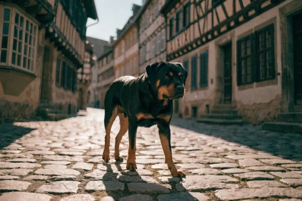 Rottweiler walking down a cobblestone street between medieval timber-framed buildings at golden hour